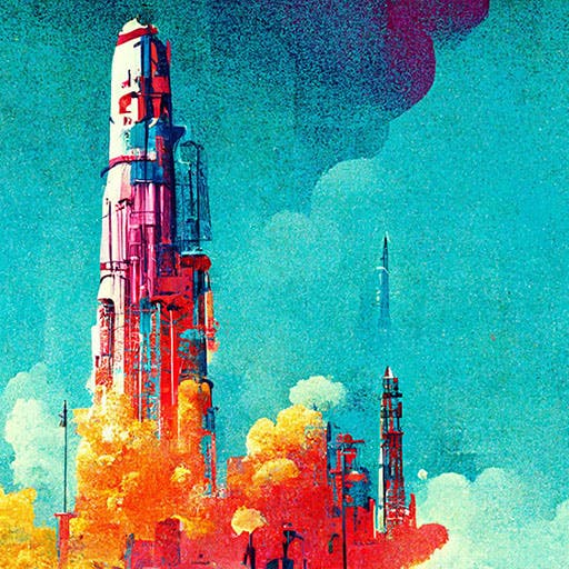 A rocket in the style of Moebius, imagined by Midjourney AI